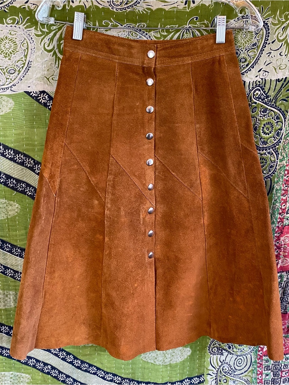 Vintage 1970's Berman's Chestnut Suede Leather Western Boho A-Line Skirt Size 6